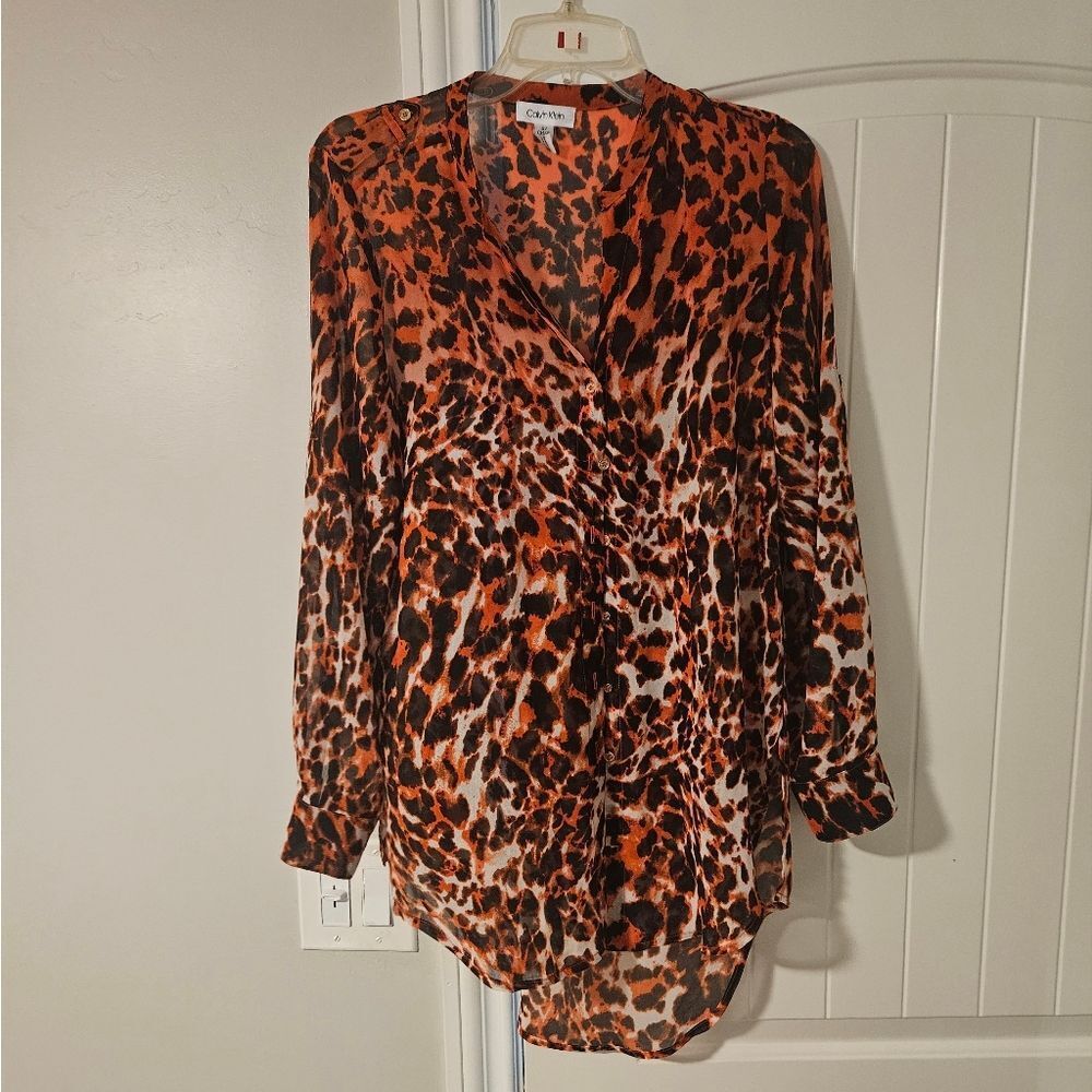 Women's Calvin Klein sheer blouse orange animal print size S